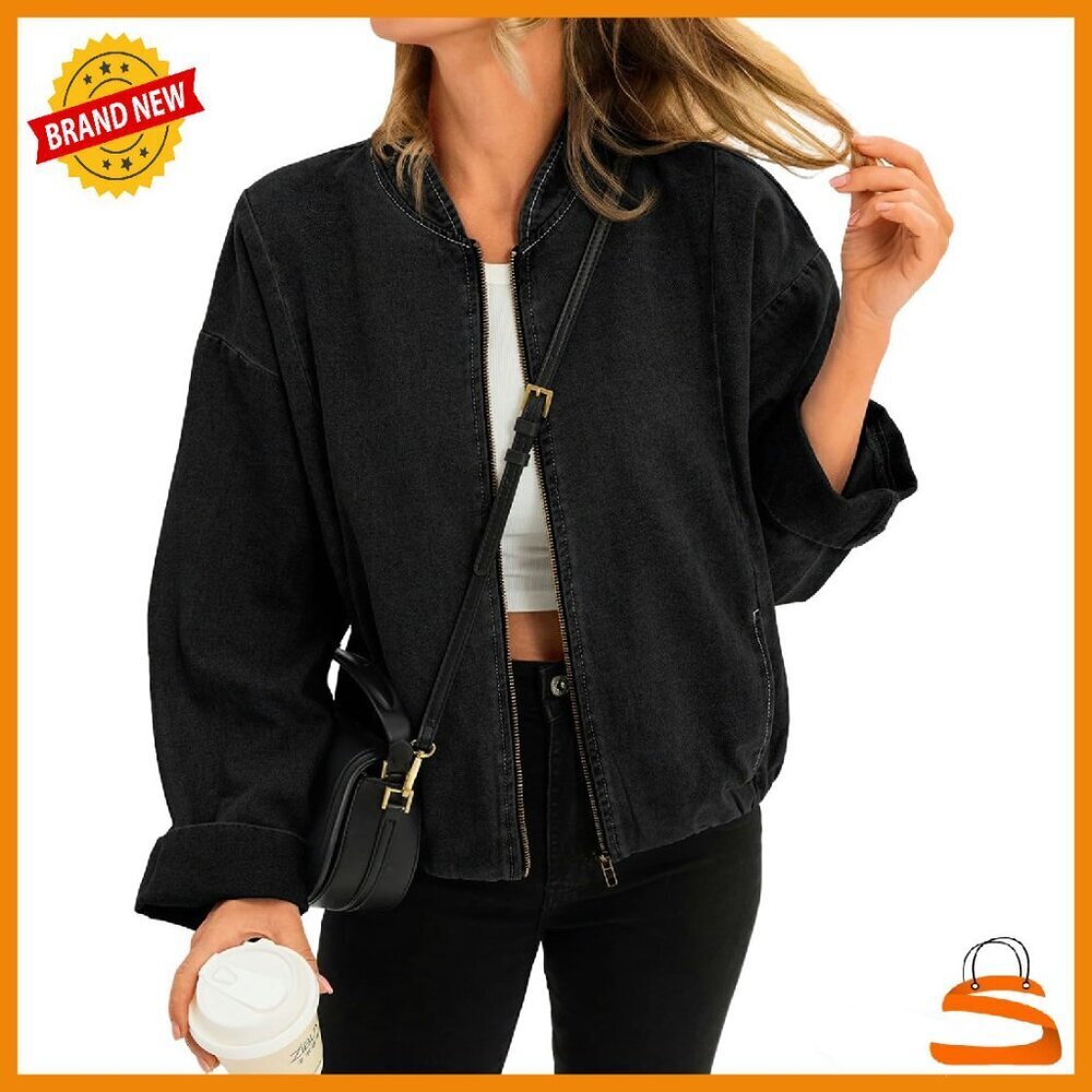 Lightweight Denim Bomber Jacket Zip Up Casual Shacket Women's Outerwear